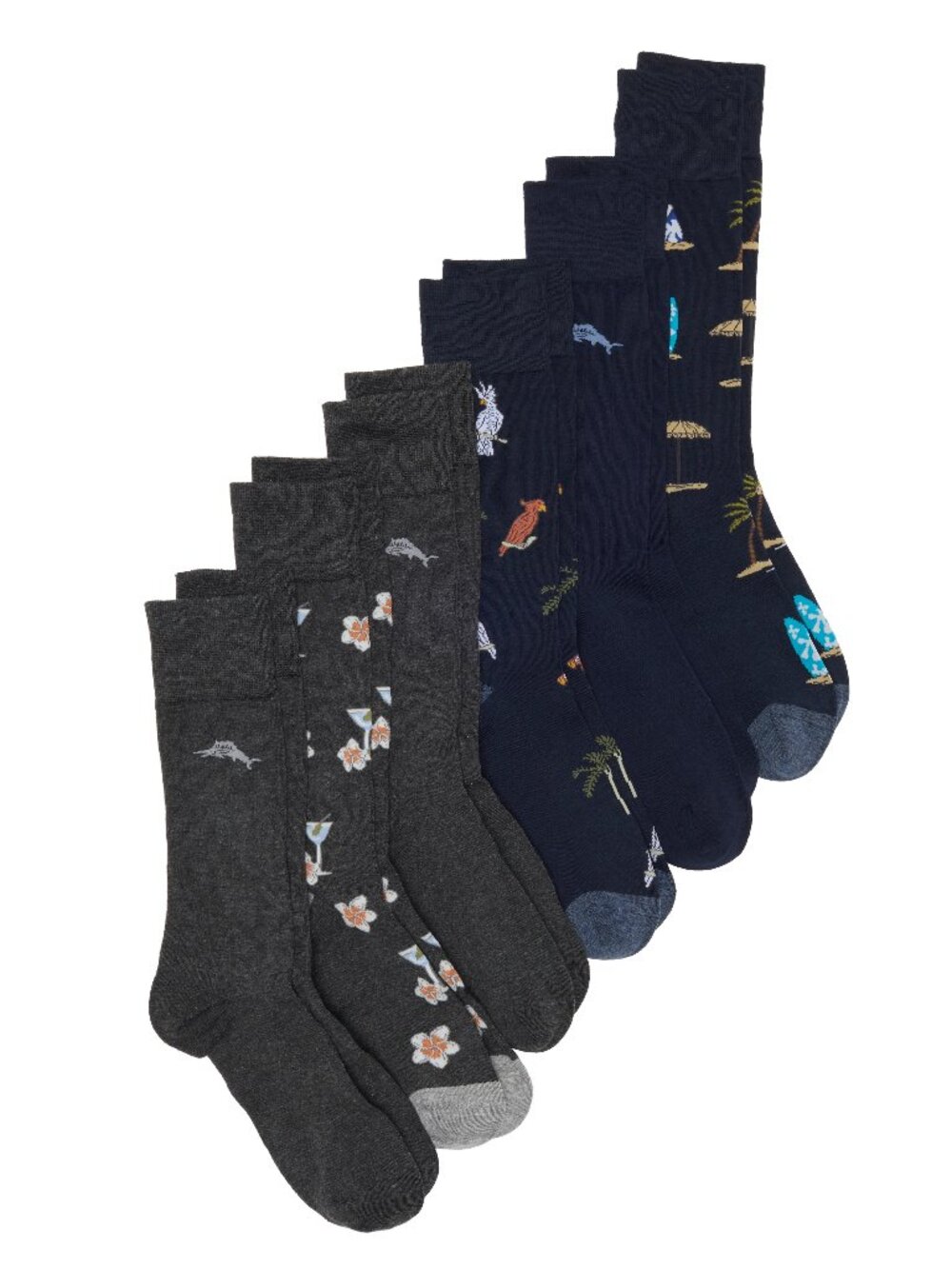 Tommy Bahama 6 Pack Crew Socks Martinis Palms Parrots Marlin Navy Grey $82.50